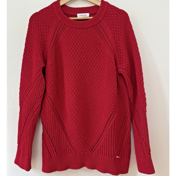 Calvin Klein Sweaters - Calvin Klein Sz M Red Textured Knit Crewneck Long Sleeve Logo Classic Holiday